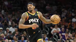 Bradley Beal #3 of the Phoenix Suns handles the ball during the second half of the NBA game at PHX Arena on April 09, 2025 in Phoenix, Arizona.