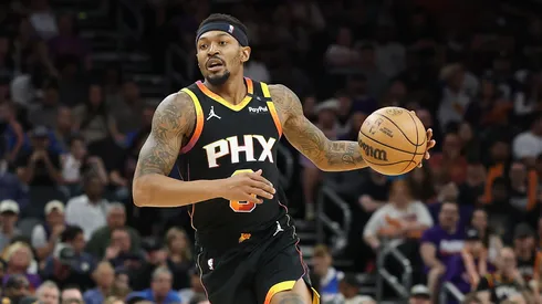 Bradley Beal #3 of the Phoenix Suns handles the ball during the second half of the NBA game at PHX Arena on April 09, 2025 in Phoenix, Arizona.