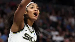 Angel Reese #5 of the Chicago Sky reacts to a call against the Minnesota Lynx during the third quarter at Target Center on July 6, 2025 in Minneapolis, Minnesota.