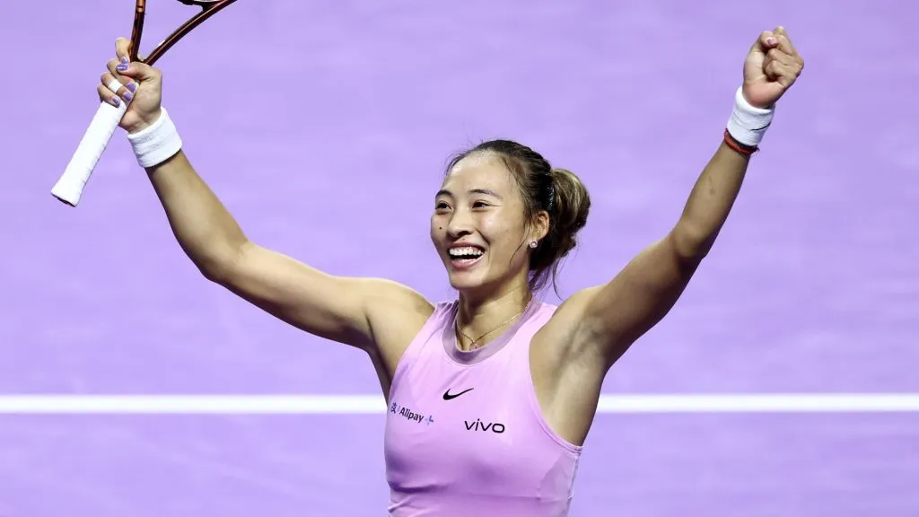 Qinwen Zheng of China celebrates her win after defeating Barbora Krejcikova of Czechia in their Women’s Semifinal Singles match during Day 7 of the 2024 WTA Finals. (Source: Katelyn Mulcahy/Getty Images for WTA)