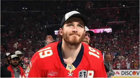 Matthew Tkachuk #19 of the Panthers celebrates the Stanley Cup victory over the Oilers.