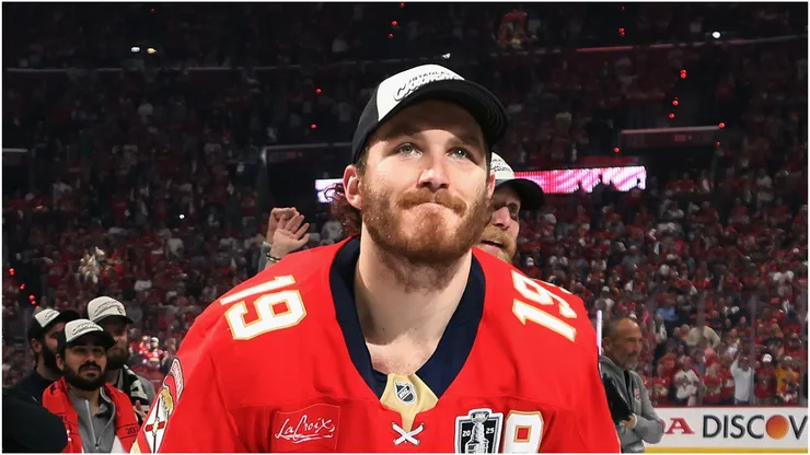 Matthew Tkachuk #19 of the Panthers celebrates the Stanley Cup victory over the Oilers.