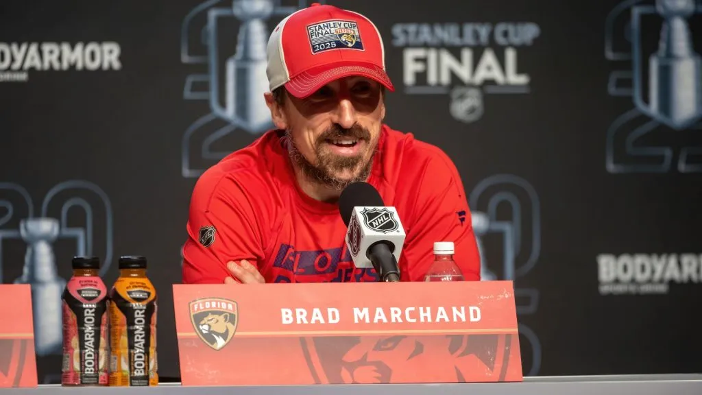 Brad Marchand #63 of the Florida Panthers addresses the media following Game Five of the 2025 Stanley Cup Final against the Edmonton Oilers at Rogers Place on June 14, 2024. (Source: Leila Devlin/Getty Images)