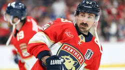 Brad Marchand #63 of the Florida Panthers warms up before a game against the before playing the Edmonton Oilers in Game Four of the 2025 Stanley Cup Final.