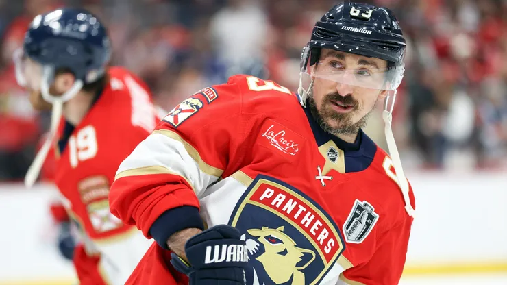 Brad Marchand #63 of the Florida Panthers warms up before a game against the before playing the Edmonton Oilers in Game Four of the 2025 Stanley Cup Final.