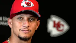 Patrick Mahomes #15 of the Kansas City Chiefs talks with the media after a mandatory minicamp at The University of Kansas Health System Training Complex on June 18, 2025 in Kansas City, Missouri.