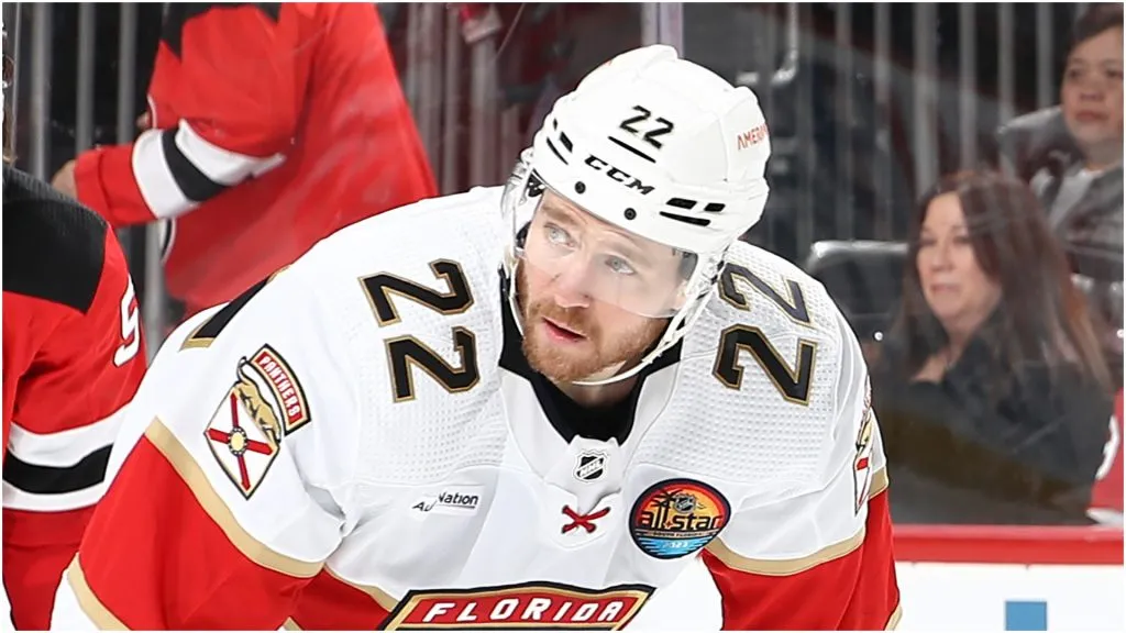 Zac Dalpe #22 of the Florida Panthers looks on during the second period against the New Jersey Devils at Prudential Center on December 17, 2022 in Newark, New Jersey.