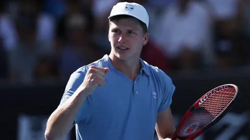 Jenson Brooksby of the United States reacts during the third round singles match against Tommy Paul of the United States during day six of the 2023 Australian Open.