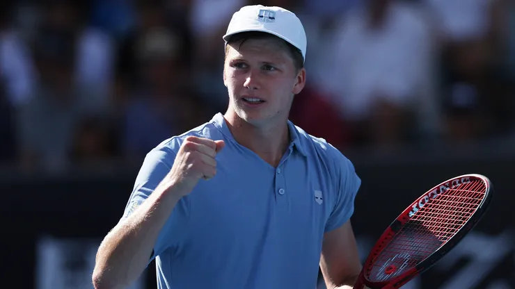 Jenson Brooksby of the United States reacts during the third round singles match against Tommy Paul of the United States during day six of the 2023 Australian Open.