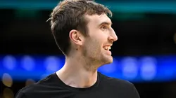 Luke Kornet #40 of the Boston Celtics watches warmups before Game five of round two of the NBA playoffs against the New York Knicks at the TD Garden on May 14, 2025 in Boston, Massachusetts. NOTE TO USER: User expressly acknowledges and agrees that, by downloading and or using this photograph, User is consenting to the terms and conditions of the Getty Images License Agreement.