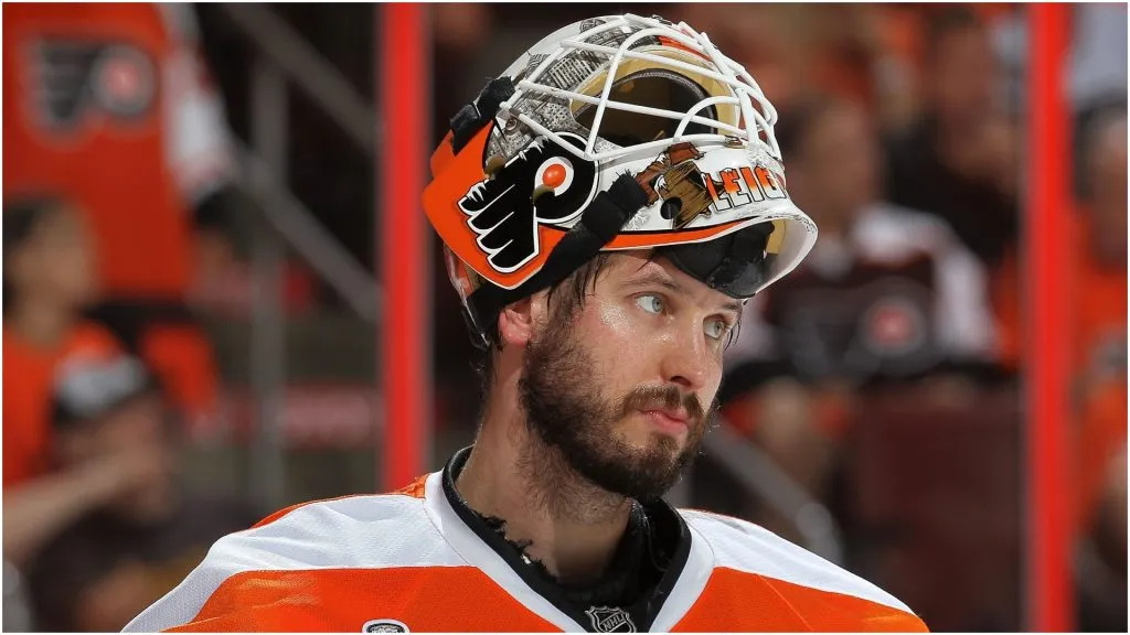 Michael Leighton #49 of the Philadelphia Flyers looks on in Game Four of the 2010 NHL Stanley Cup Final against the Chicago Blackhawks at Wachovia Center on June 4, 2010 in Philadelphia, Pennsylvania.