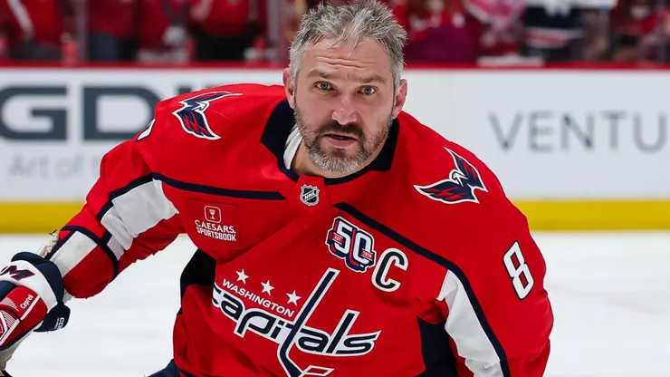 Alex Ovechkin #8 of the Washington Capitals skates before Game Five of the First Round of the 2025 Stanley Cup Playoffs against the Montreal Canadiens at Capital One Arena on April 30, 2025 in Washington, DC.