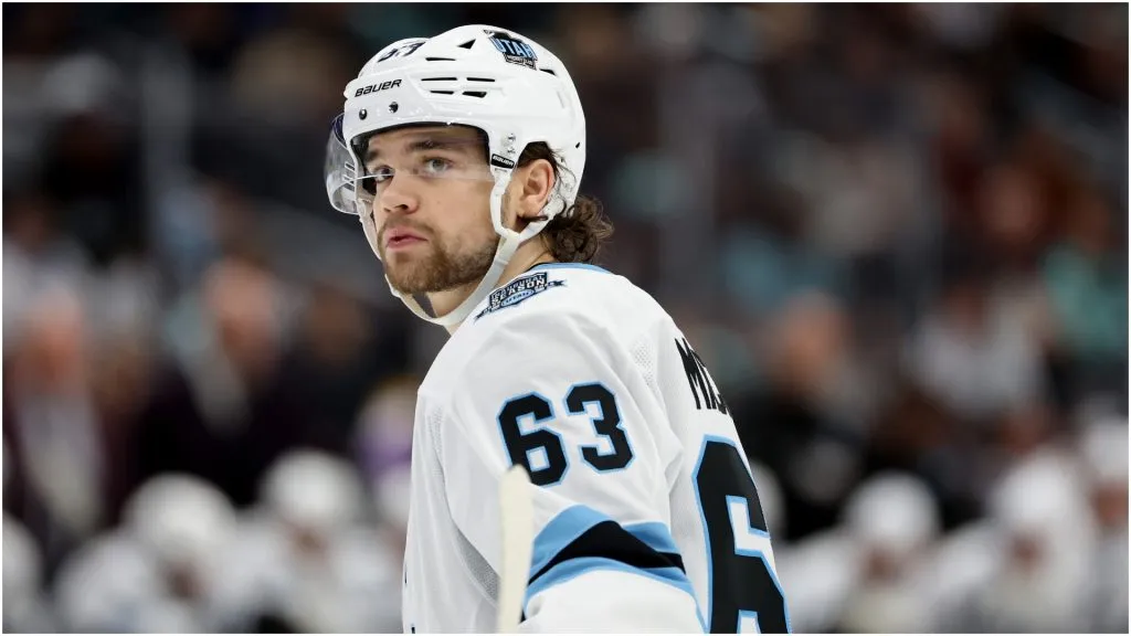 Matias Maccelli #63 of the Utah Hockey Club looks on against the Seattle Kraken during the third period at Climate Pledge Arena on December 30, 2024 in Seattle, Washington.