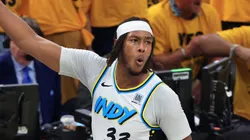 Myles Turner #33 of the Indiana Pacers reacts after a three pointer during the first quarter against the Milwaukee Bucks of Game 5 of the 2025 NBA Playoffs