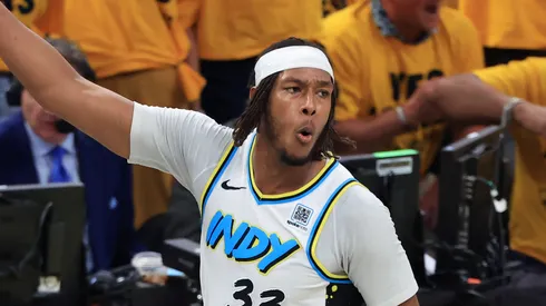 Myles Turner #33 of the Indiana Pacers reacts after a three pointer during the first quarter against the Milwaukee Bucks of Game 5 of the 2025 NBA Playoffs