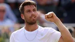 Cameron Norrie of Great Britain celebrates winning match point against Jordan Thompson of Australia during the Men's Singles Second Round match on Day Three of the cinch Championships.