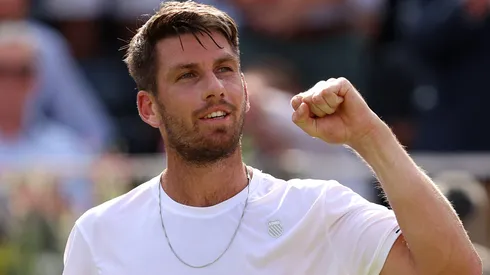 Cameron Norrie of Great Britain celebrates winning match point against Jordan Thompson of Australia during the Men's Singles Second Round match on Day Three of the cinch Championships.