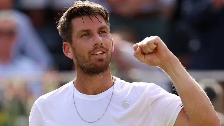 Cameron Norrie of Great Britain celebrates winning match point against Jordan Thompson of Australia during the Men's Singles Second Round match on Day Three of the cinch Championships.