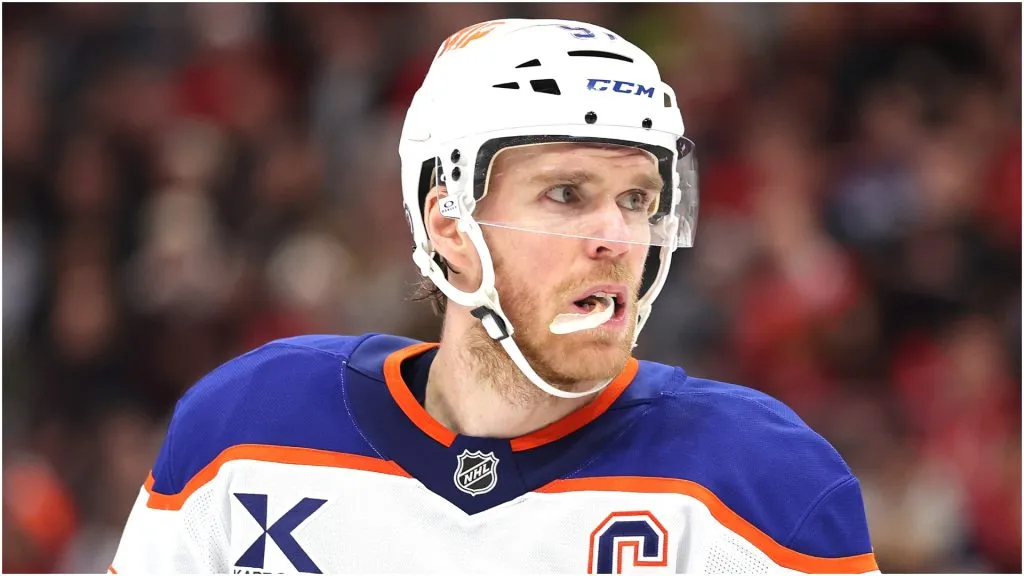 Connor McDavid #97 of the Edmonton Oilers looks on against the Chicago Blackhawks during the first period at the United Center on February 05, 2025 in Chicago, Illinois.