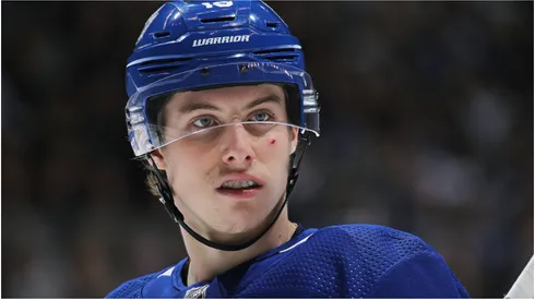 Mitchell Marner #16 of the Toronto Maple Leafs waits for a faceoff against the Anaheim Ducks during an NHL game at Scotiabank Arena on February 7, 2020 in Toronto, Ontario, Canada.