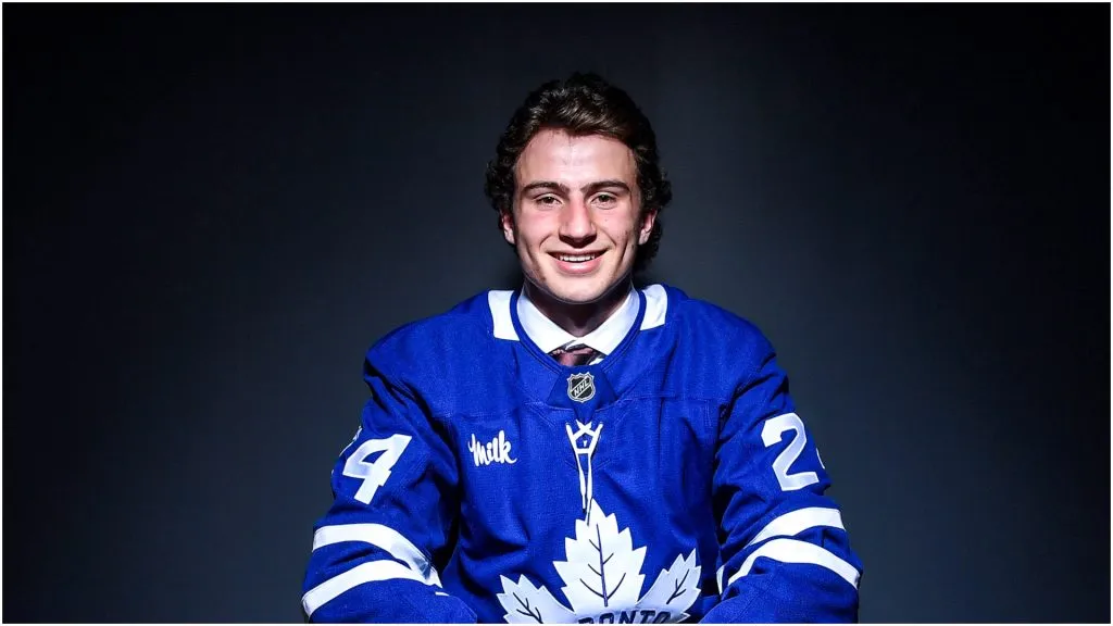 Ben Danford poses for a portrait after being drafted by the Toronto Maple Leafs with the 31st overall pick during the 2024 Upper Deck NHL Draft at Sphere on June 28, 2024 in Las Vegas, Nevada.