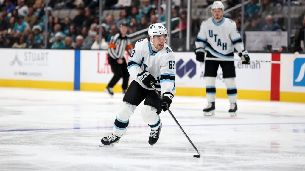 Matias Maccelli #63 of the Utah Hockey Club in action against the San Jose Sharks at SAP Center on December 14, 2024 in San Jose, California. (Photo by Ezra Shaw/Getty Images)