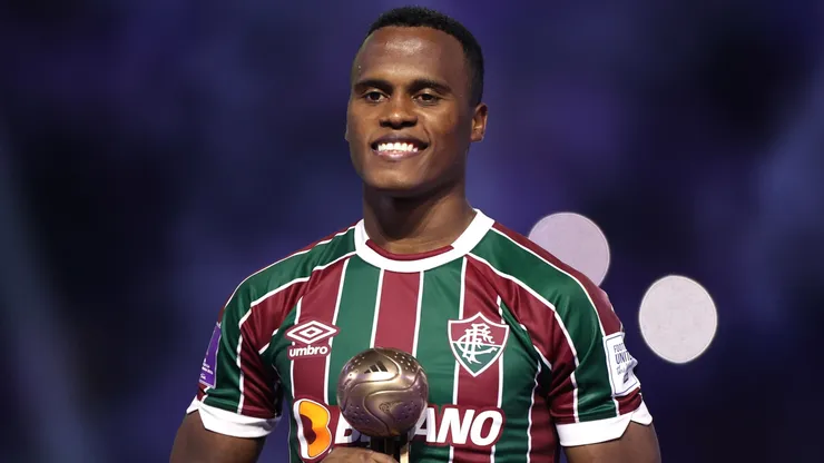 Jhon Arias of Fluminense poses for a photo with the Bronze Ball award following the FIFA Club World Cup Saudi Arabia 2023 Final between Manchester City and Fluminense.