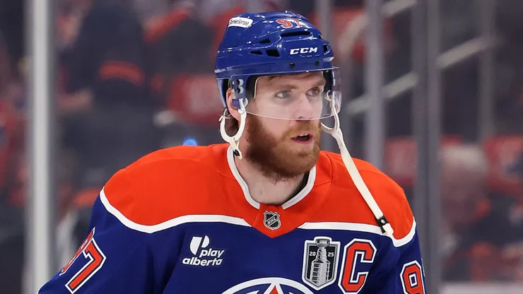 Connor McDavid #97 of the Edmonton Oilers warms up before a game against the Florida Panthers in Game Five of the 2025 Stanley Cup Final at Rogers Place on June 14, 2025.