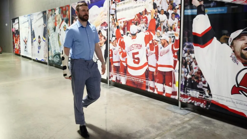 Zach Hyman #18 of the Edmonton Oilers arrives for the game against the Florida Panthers in Game Six of the 2025 Stanley Cup Final at Amerant Bank Arena on June 17, 2025 in Sunrise, Florida. (Photo by Bruce Bennett/Getty Images)