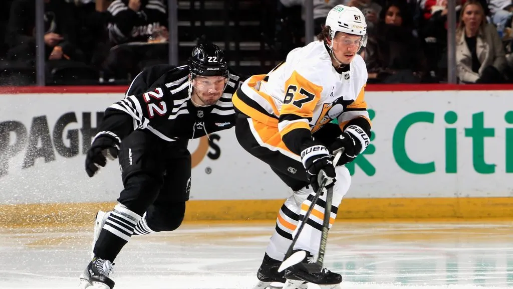 Rickard Rakell #67 of the Pittsburgh Penguins skates against the New Jersey Devils at Prudential Center on April 11, 2025 in Newark, New Jersey. (Photo by Bruce Bennett/Getty Images)