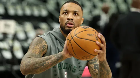 Damian Lillard #0 of the Milwaukee Bucks warms up before Game Four of the Eastern Conference First Round NBA Playoffs against the Indiana Pacers at Fiserv Forum on April 27, 2025 in Milwaukee, Wisconsin.