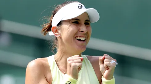 Belinda Bencic of Switzerland celebrates match point against Coco Gauff during the BNP Paribas Open at Indian Wells Tennis Garden on March 12, 2025.