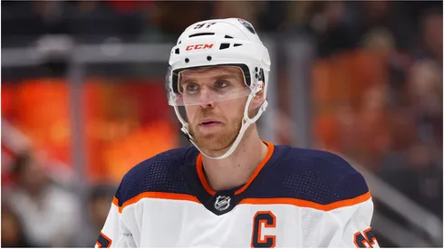 Connor McDavid #97 of the Edmonton Oilers at Honda Center on April 03, 2022 in Anaheim, California.