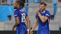 : Kiernan Dewsbury-Hall #22 of Chelsea FC celebrates after scoring his team's fourth goal with teammates Christopher Nkunku during the FIFA Club World Cup 2025 round of 16 match between SL Benfica and Chelsea FC