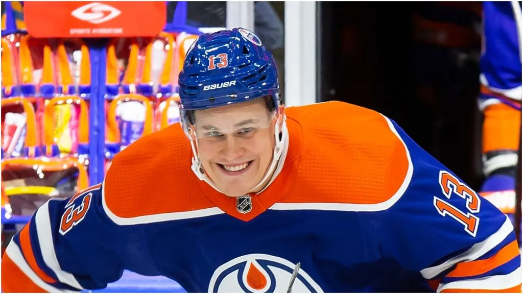 Jesse Puljujarvi #13 of the Edmonton Oilers during warmup against the Calgary Flames at Rogers Place on October 15, 2022 in Edmonton, Canada.