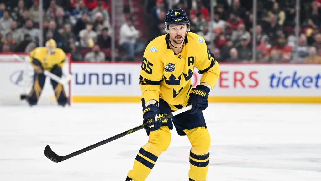 Erik Karlsson #65 of Team Sweden skates during the first period against Team Finland at the 2025 NHL 4 Nations Face-Off at the Bell Centre on February 15, 2025 in Montreal, Quebec, Canada. (Photo by Minas Panagiotakis/Getty Images)