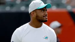 Tua Tagovailoa #1 of the Miami Dolphins looks on before the preseason game against the Cincinnati Bengals at Paul Brown Stadium on August 29, 2021 in Cincinnati, Ohio.