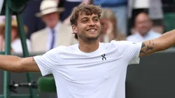 Flavio Cobolli of Italy celebrates his victory against Marin Cilic of Croatia during the Gentlemen's Singles fourth round match on day eight of The Championships Wimbledon 2025.