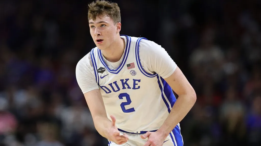 Cooper Flagg #2 of the Duke Blue Devils reacts during the first half in the Final Four game of the NCAA Men’s Basketball Tournament against the Houston Cougars. (Alex Slitz/Getty Images)
