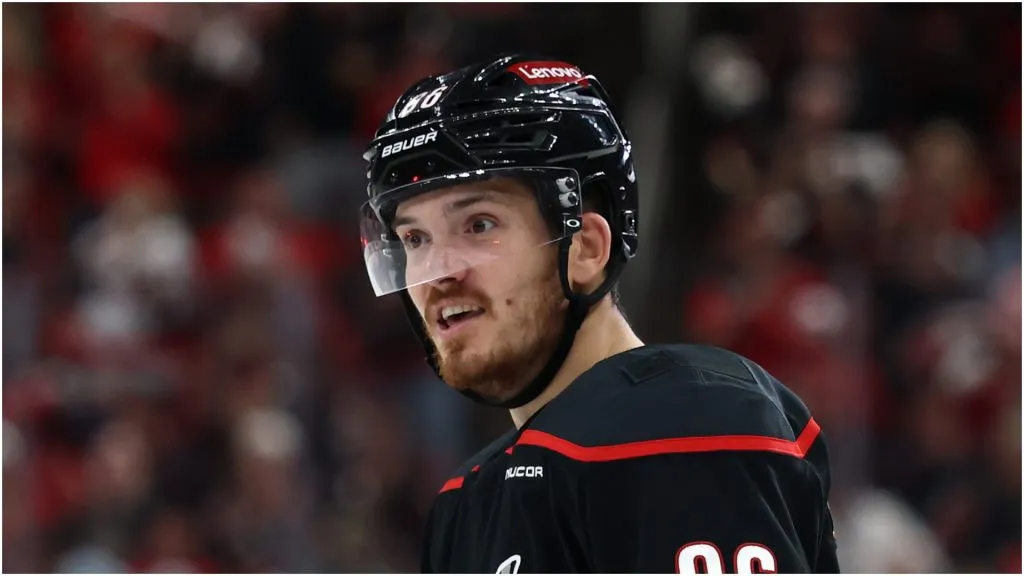 Jack Roslovic #96 of the Carolina Hurricanes looks on during the third period in Game Three of the Second Round of the 2025 Stanley Cup Playoffs at Lenovo Center against the Washington Capitals at Lenovo Center on May 10, 2025 in Raleigh, North Carolina.