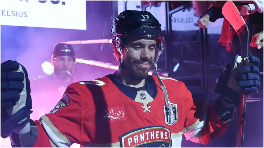 Evan Rodrigues #17 of the Florida Panthers is introduced prior to Game Six of the 2025 Stanley Cup Final against the Edmonton Oilers at Amerant Bank Arena on June 17, 2025 in Sunrise, Florida.