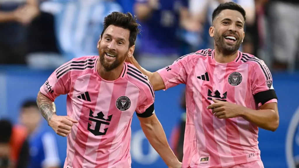 Lionel Messi #10 of Inter Miami CF celebrates scoring his team’s second goal with teammate Jordi Alba #18 during the MLS match against CF Montreal. (Minas Panagiotakis/Getty Images)