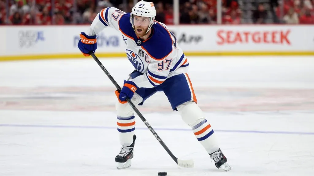 Connor McDavid #97 of the Edmonton Oilers skates with the puck against the Florida Panthers during the first period in Game Three of the 2025 Stanley Cup Final at Amerant Bank Arena on June 09, 2025 in Sunrise, Florida. (Photo by Steph Chambers/Getty Images)