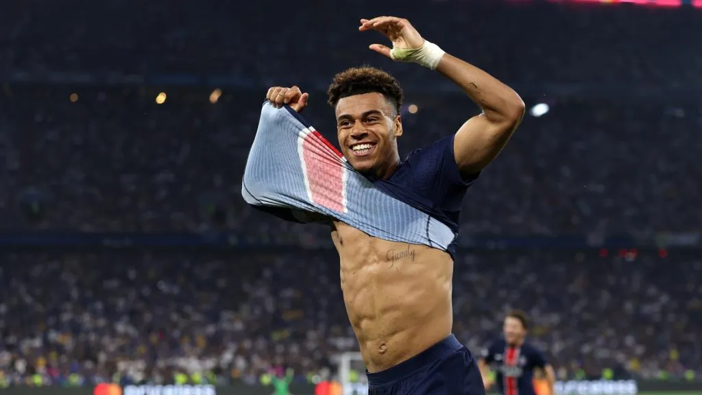 Desire Doue of Paris Saint-Germain celebrates scoring his team’s third goal during the UEFA Champions League Final 2025 between Paris Saint-Germain and FC Internazionale Milano. (Source: Lars Baron/Getty Images)