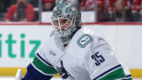 Thatcher Demko #35 of the Vancouver Canucks defends the net during the second period against the New Jersey Devils at Prudential Center on March 24, 2025 in Newark, New Jersey.