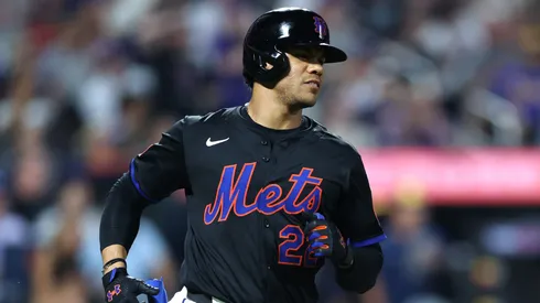 Juan Soto #22 of the New York Mets runs to first base during the sixth inning of game two of a doubleheader against the Milwaukee Brewers at Citi Field on July 02, 2025 in the Queens borough of New York City.