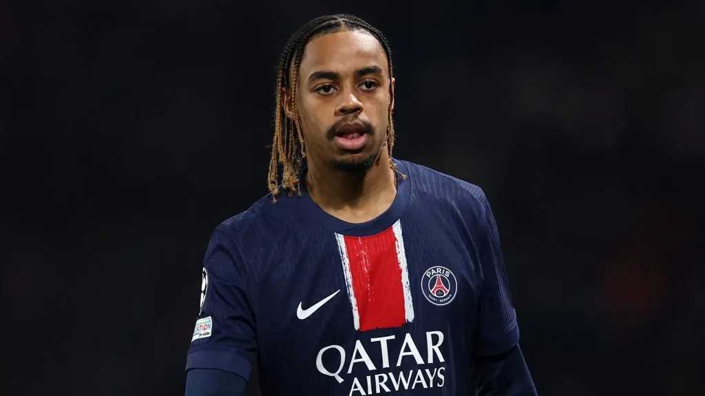 Bradley Barcola of PSG during the UEFA Champions League 2024/25 UEFA Champions League 2024/25 Round of 16 first leg match between Paris Saint-Germain and Liverpool FC. (Source: Julian Finney/Getty Images)
