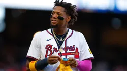 Ronald Acuña Jr. #13 of the Atlanta Braves reacts during the first inning against the Los Angeles Angels at Truist Park on July 2, 2025 in Atlanta, Georgia.