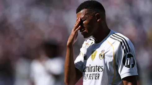 Kylian Mbappe #9 of Real Madrid C.F. reacts during the FIFA Club World Cup 2025 semi-final match between Paris Saint-Germain and Real Madrid CF at MetLife Stadium on July 09, 2025 in East Rutherford, New Jersey.