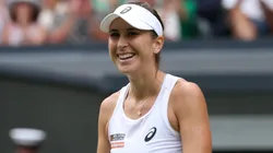 Belinda Bencic of Switzerland celebrates winning match point against Mirra Andreeva during the Ladies' Singles quarter-final match on day ten of The Championships Wimbledon 2025.